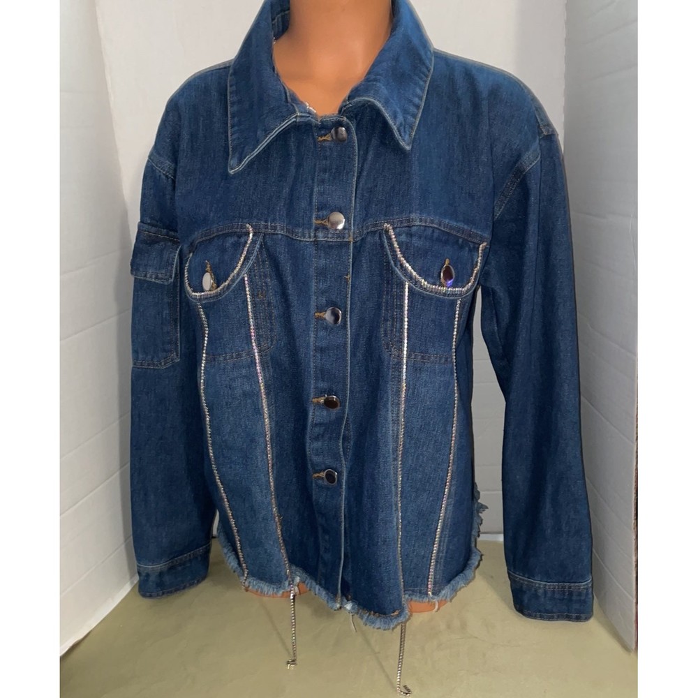 Vintage Haute Monde rhinestone chain trim Denim Jean Jacket M - Picture 4 of 10